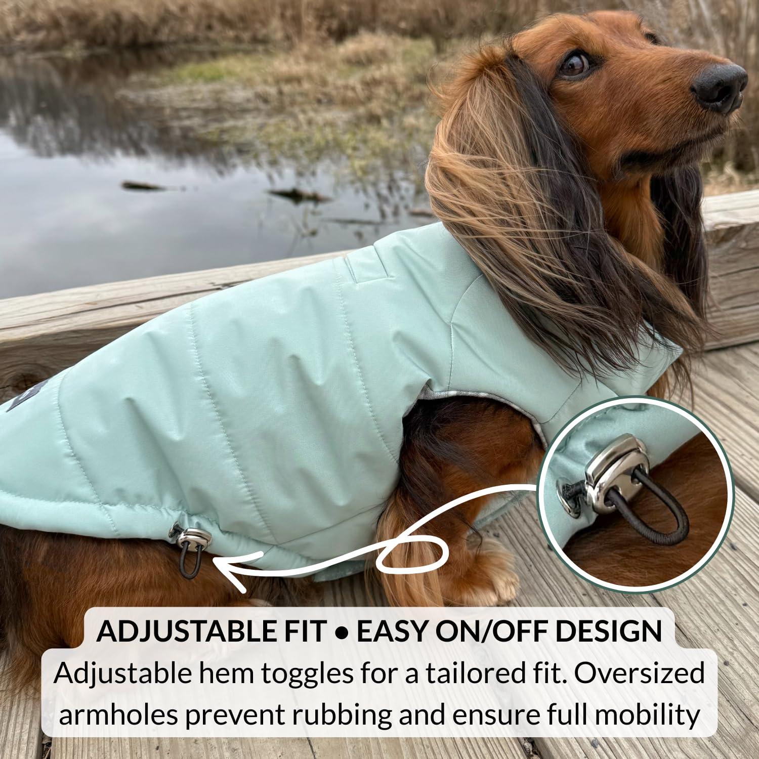DJANGO manteau puffer chien vert océan — réglages de taille faciles pour un ajustement sûr.