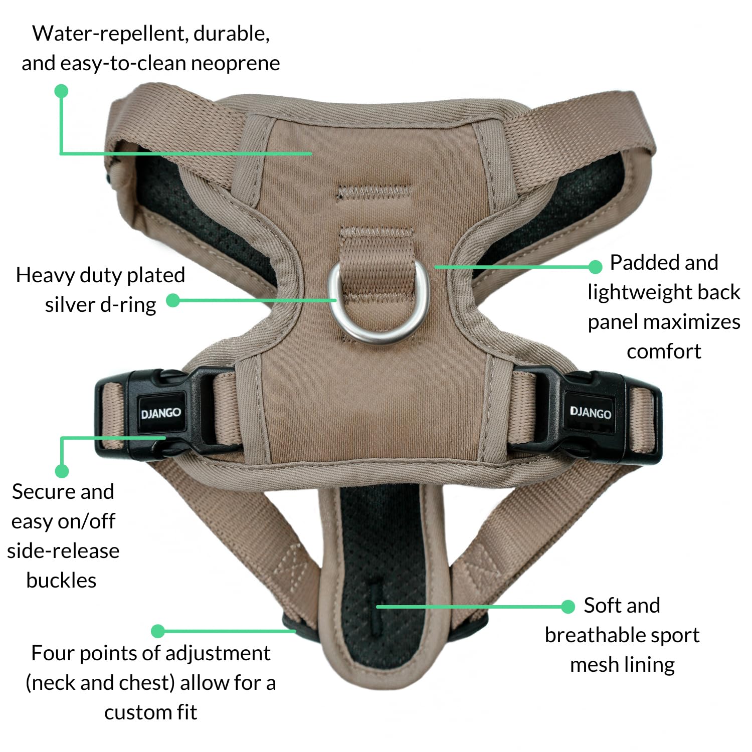 Anneaux dos Django Tahoe sable, attache sécurisée pour promenades quotidiennes