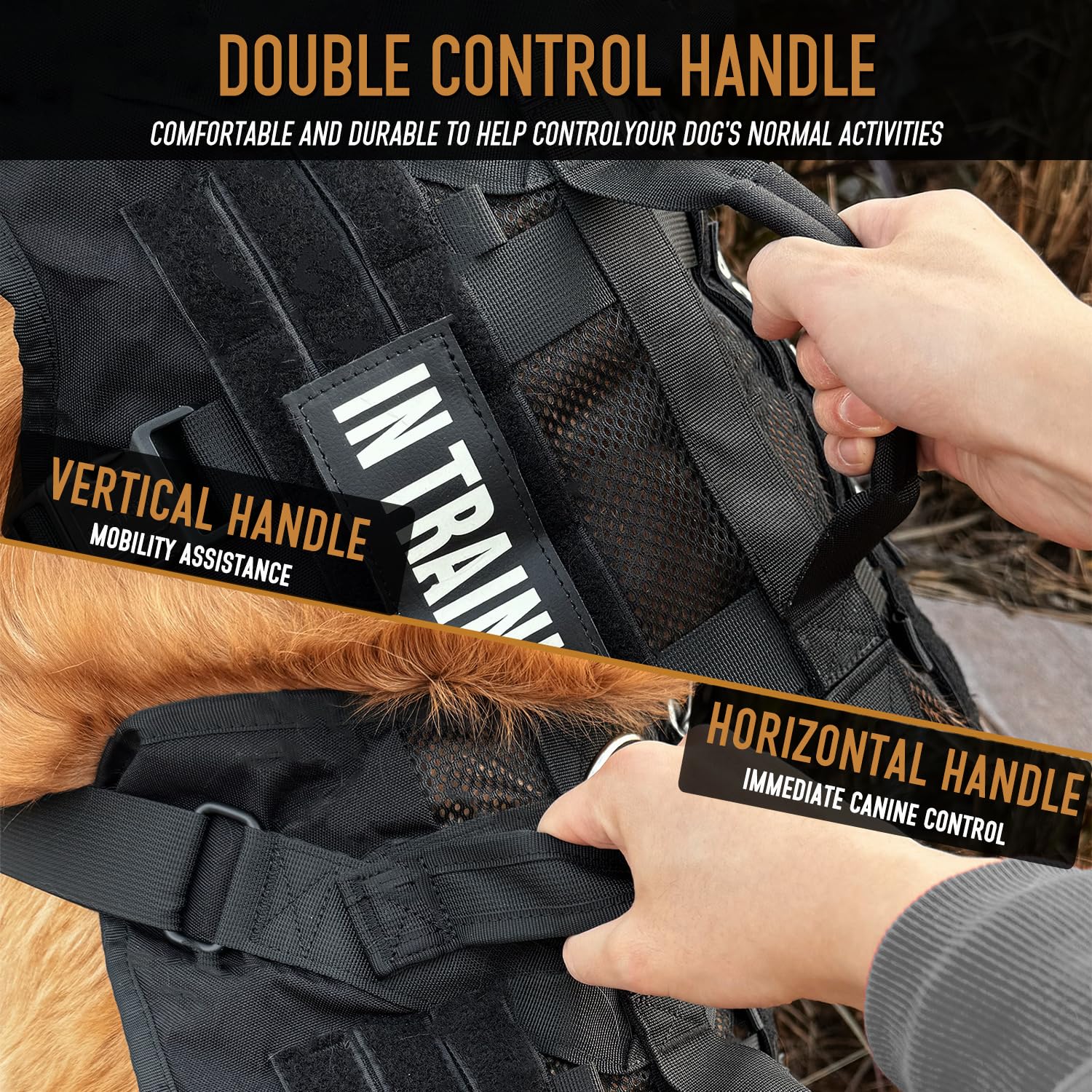 Gilet DNALLRINO pour chien de service, poignées renforcées pour un contrôle rapide.