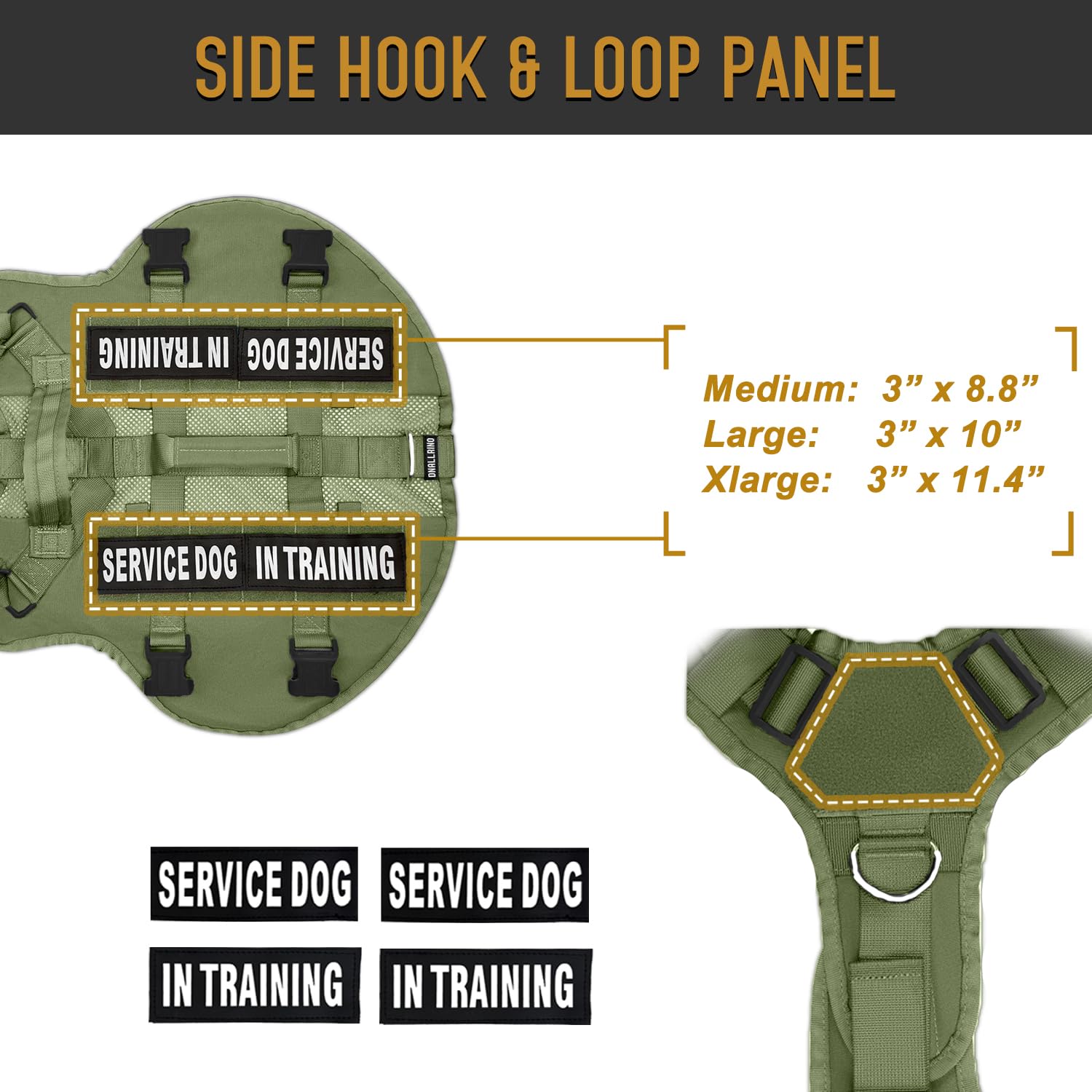 Harnais tactique vert DNALLRINO avec MOLLE pour patches et accessoires.