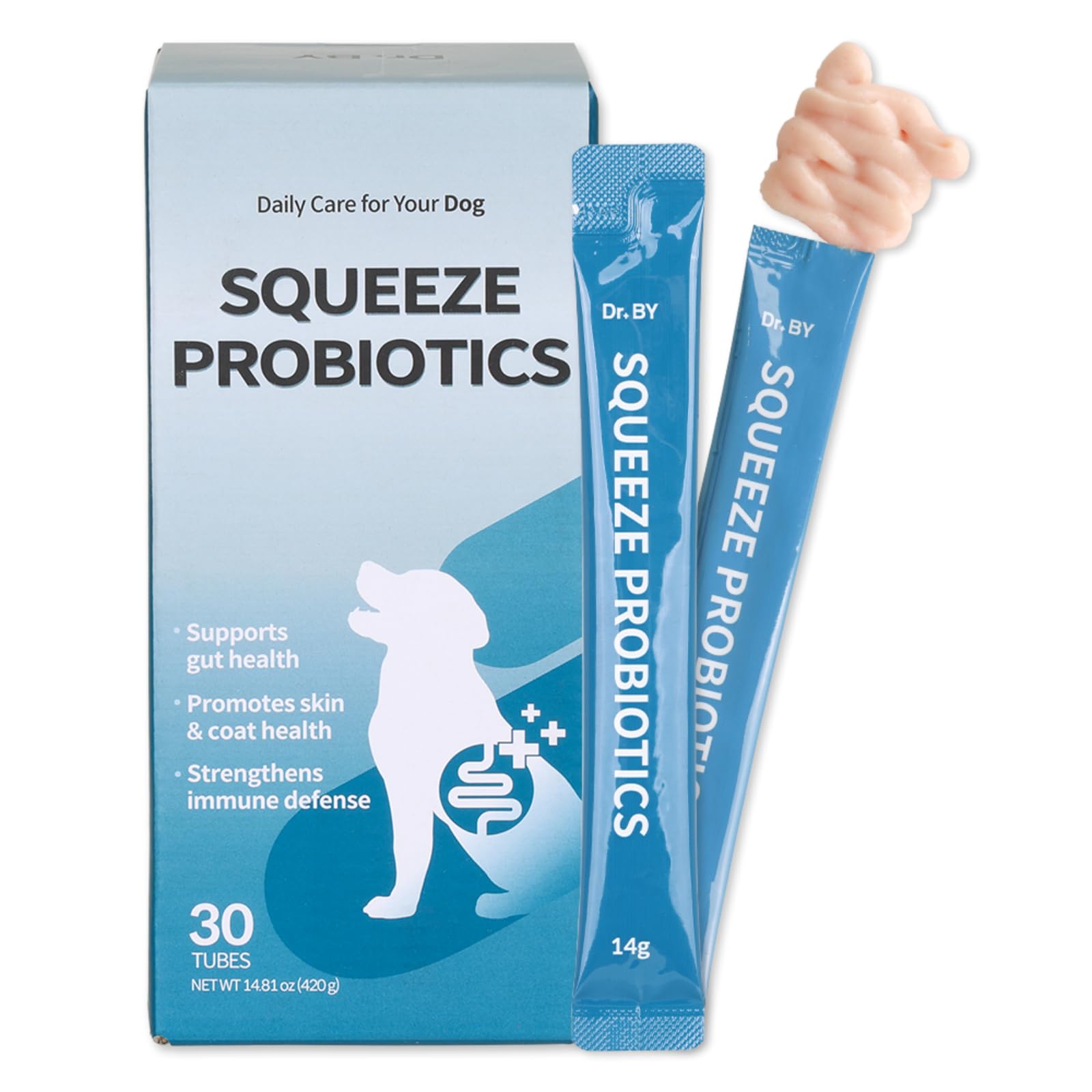 Doctor By Squeeze Probiotiques pour chien: flacon visible et soutien digestif potentiel.