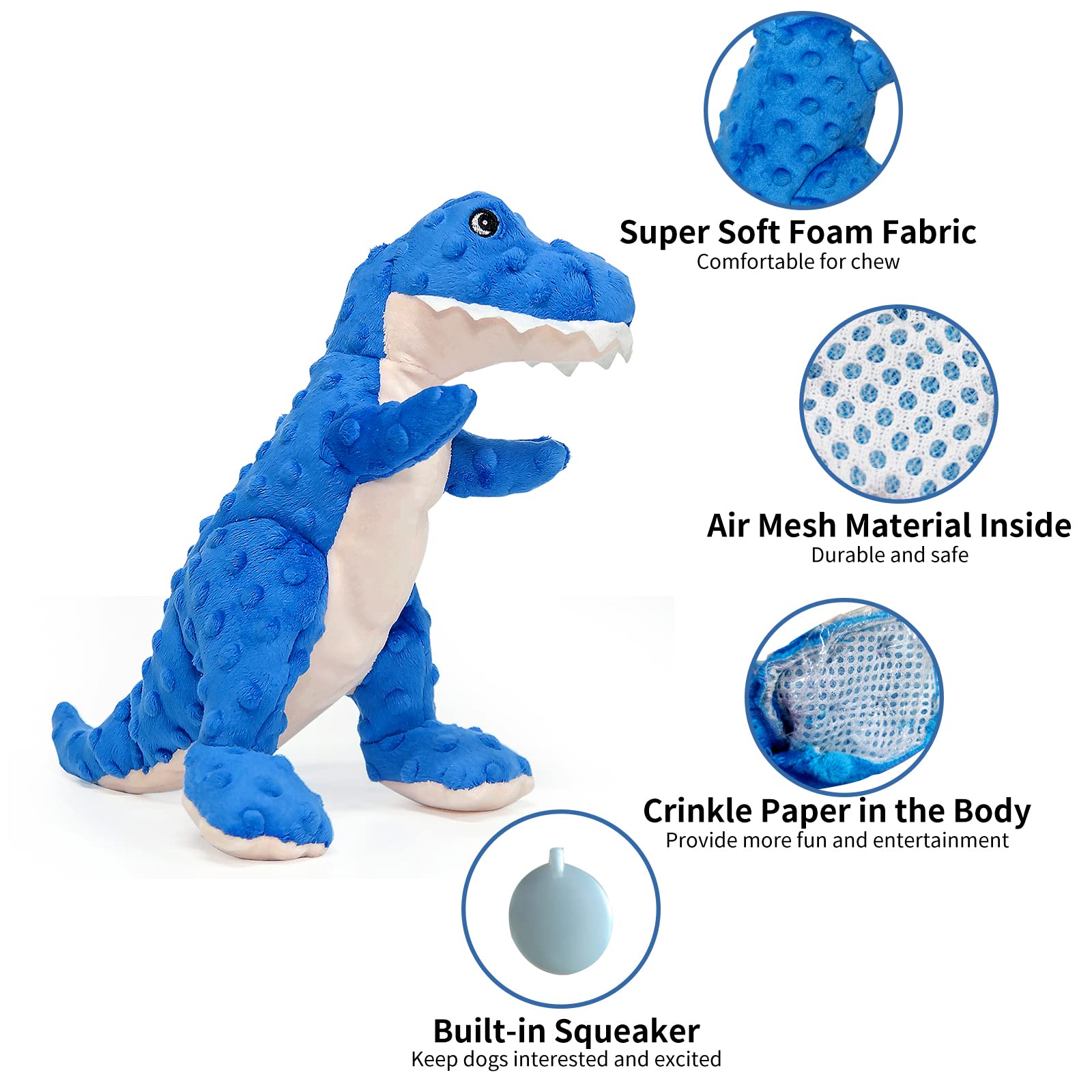 Jouet DODODOLA dinosaure bleu avec crinkle et sifflet pour l'attention du chien.