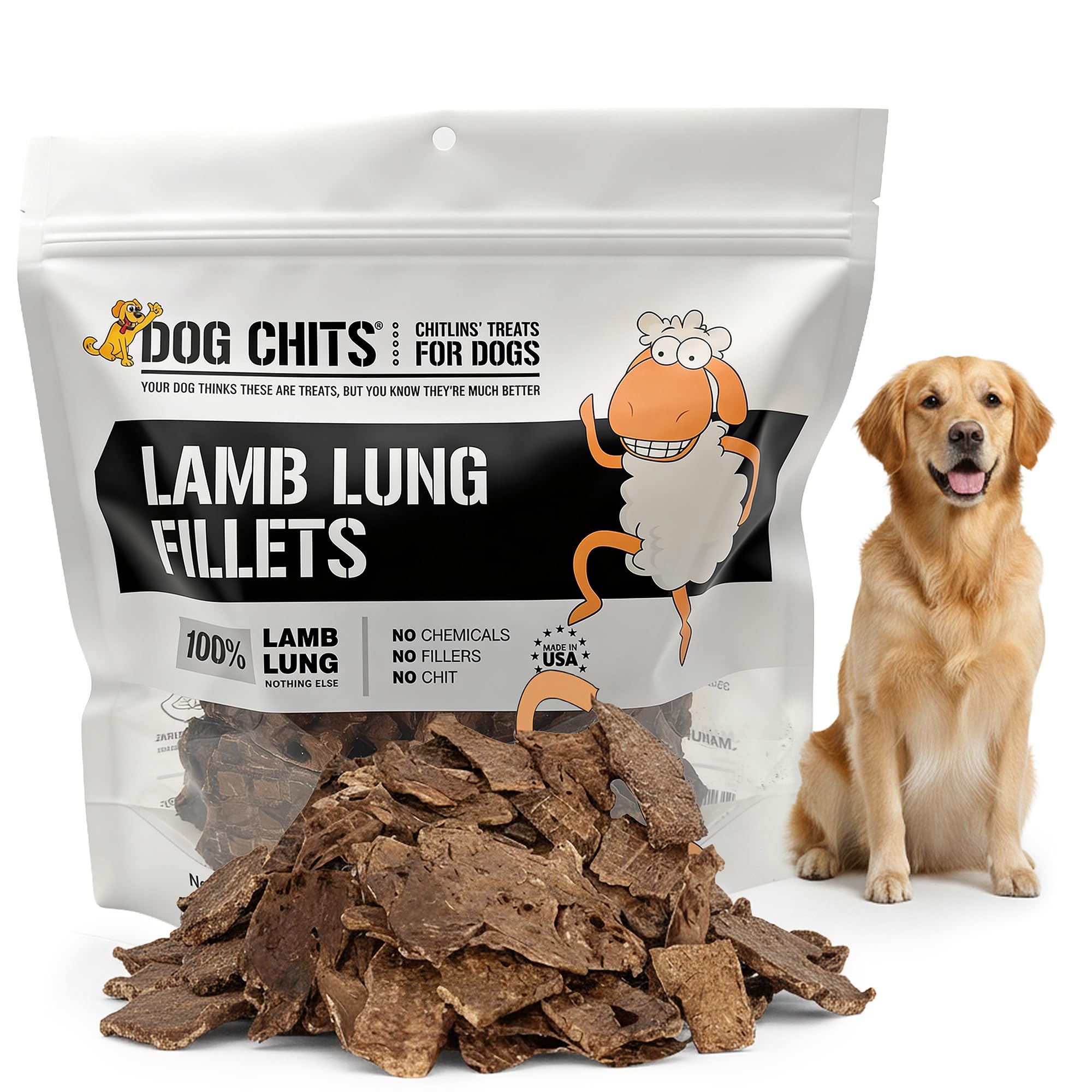 Dog Chits filets poumon d'agneau tranches, friandise naturelle riche en protéines.