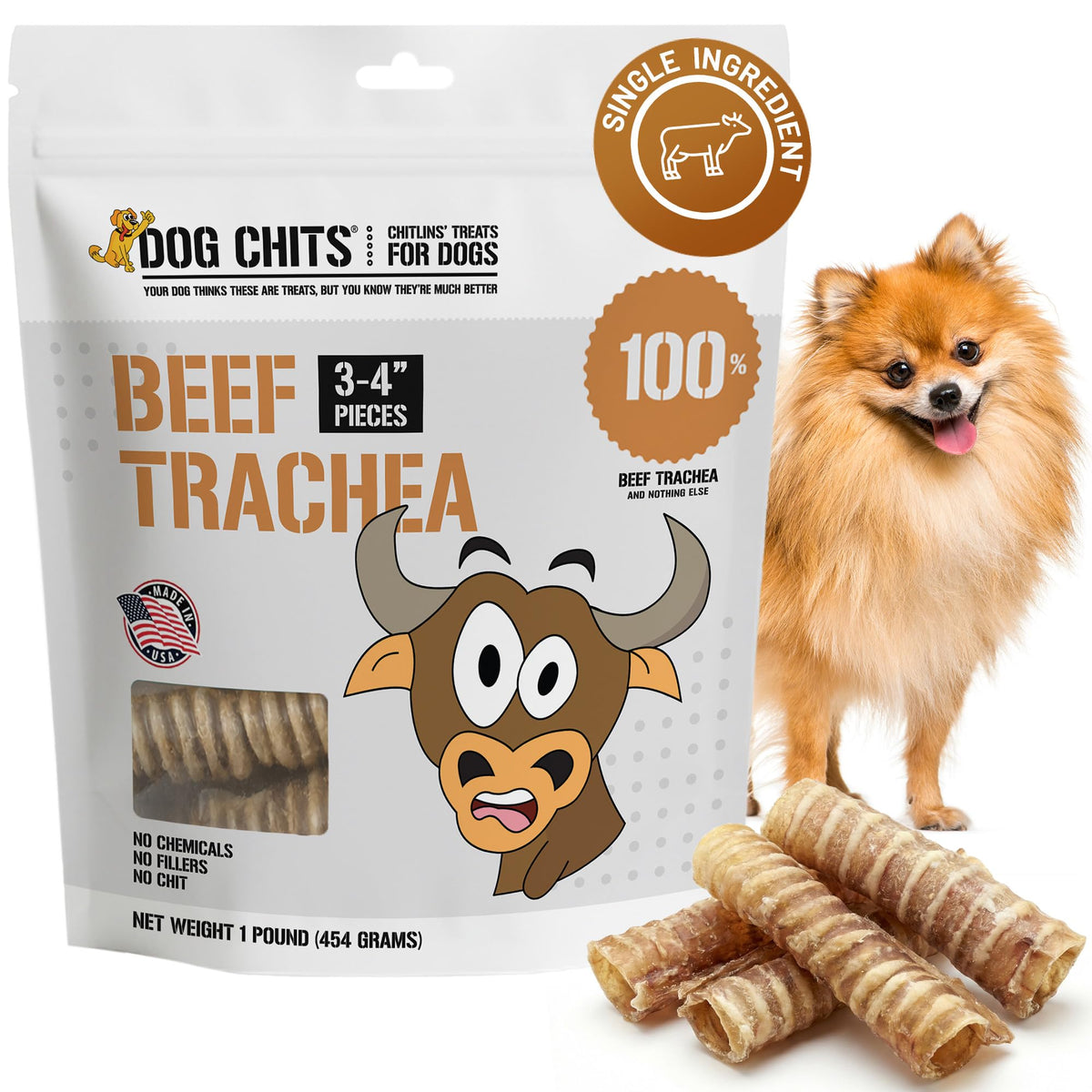 Dog Chits Trachee de Boeuf – emballage 1 lb, friandise pratique et savoureuse.
