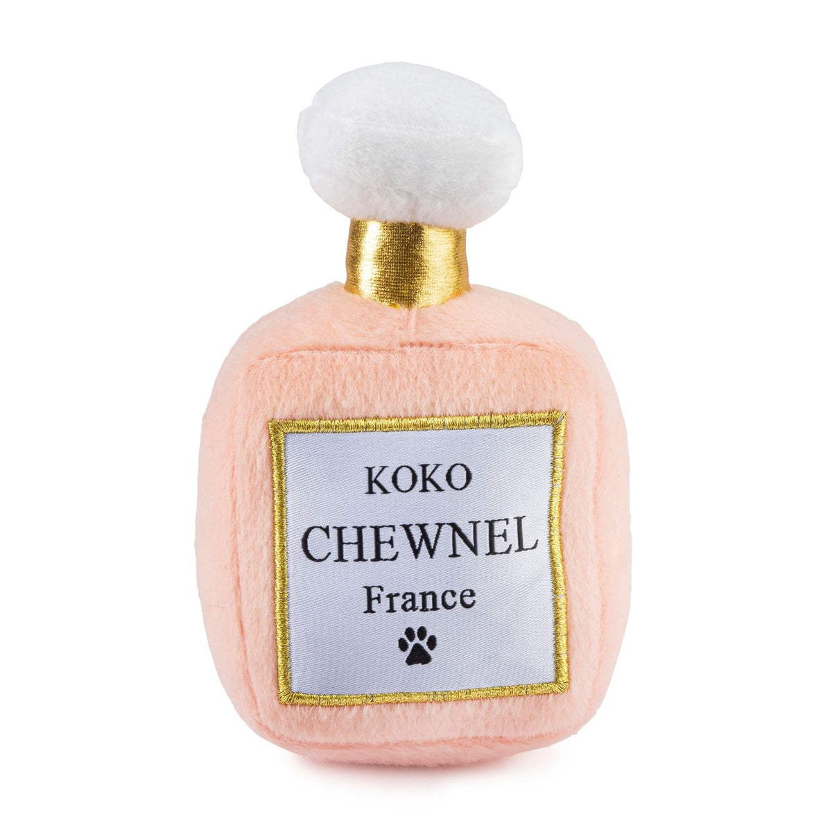 Dog Diggin Designs Koko Chewnel Pawfum, bouteille-jouet pluche élégante pour chien, divertissement chic.