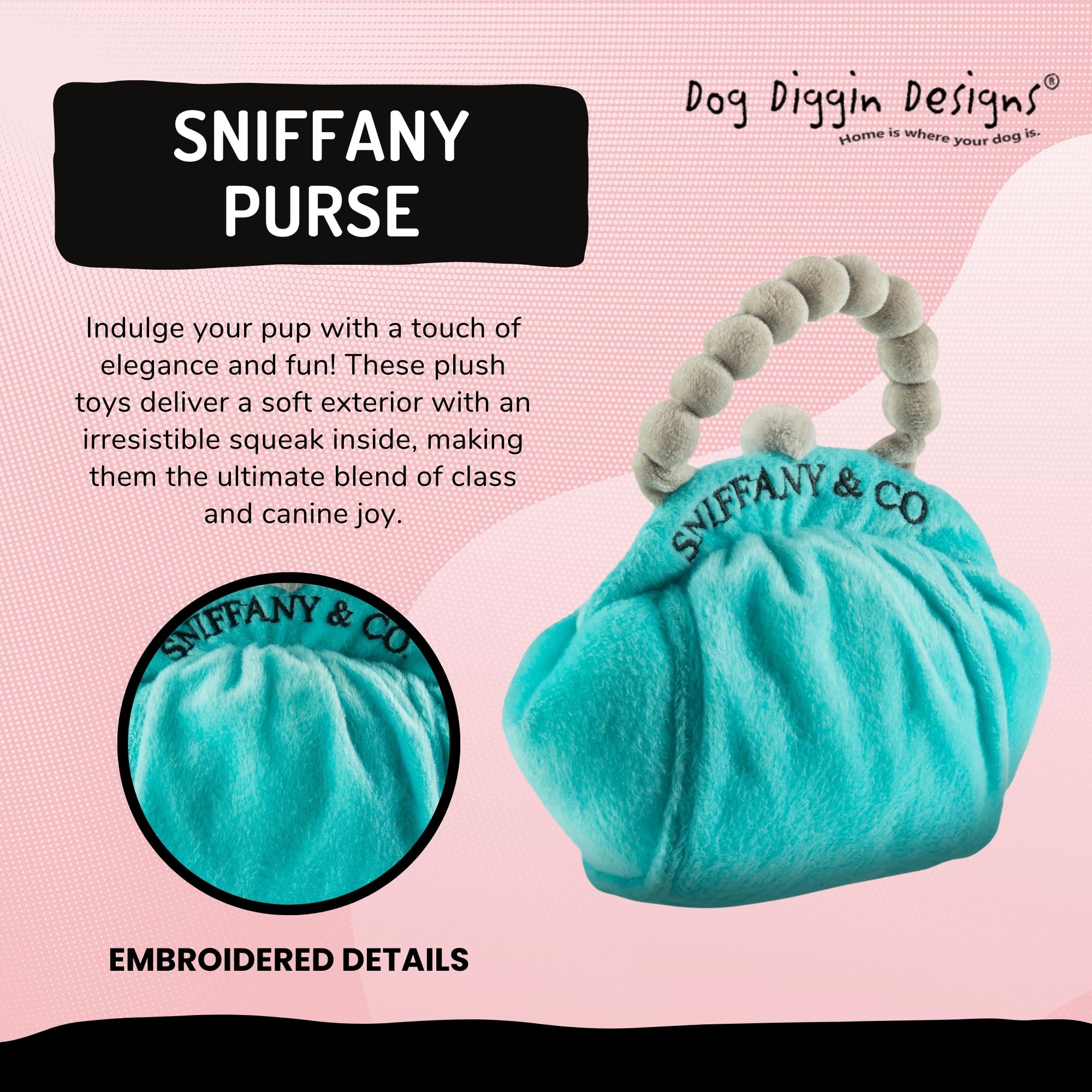Dog Diggin Designs Sniffany Co détail de la poignée et de la garniture sur la peluche.