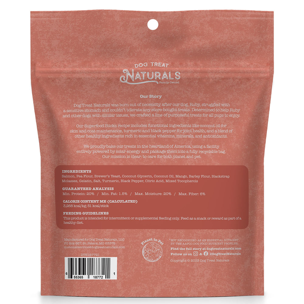 Dog Treat Naturals bâtonnet saumon mangue, récompense durable pour apprentissage et affection.