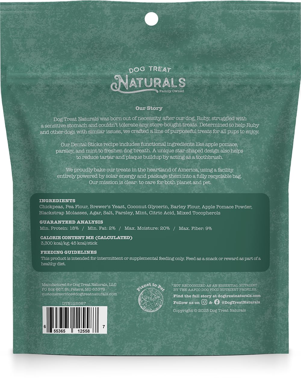 Dog Treat Naturals, sachet recyclable 10 oz, emballage responsable.