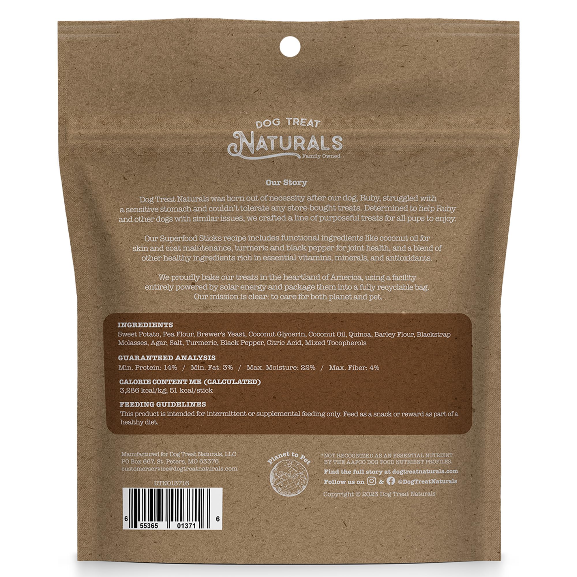 Dog Treat Naturals Superfood Sticks emballage recyclable, respectueux de l'environnement.