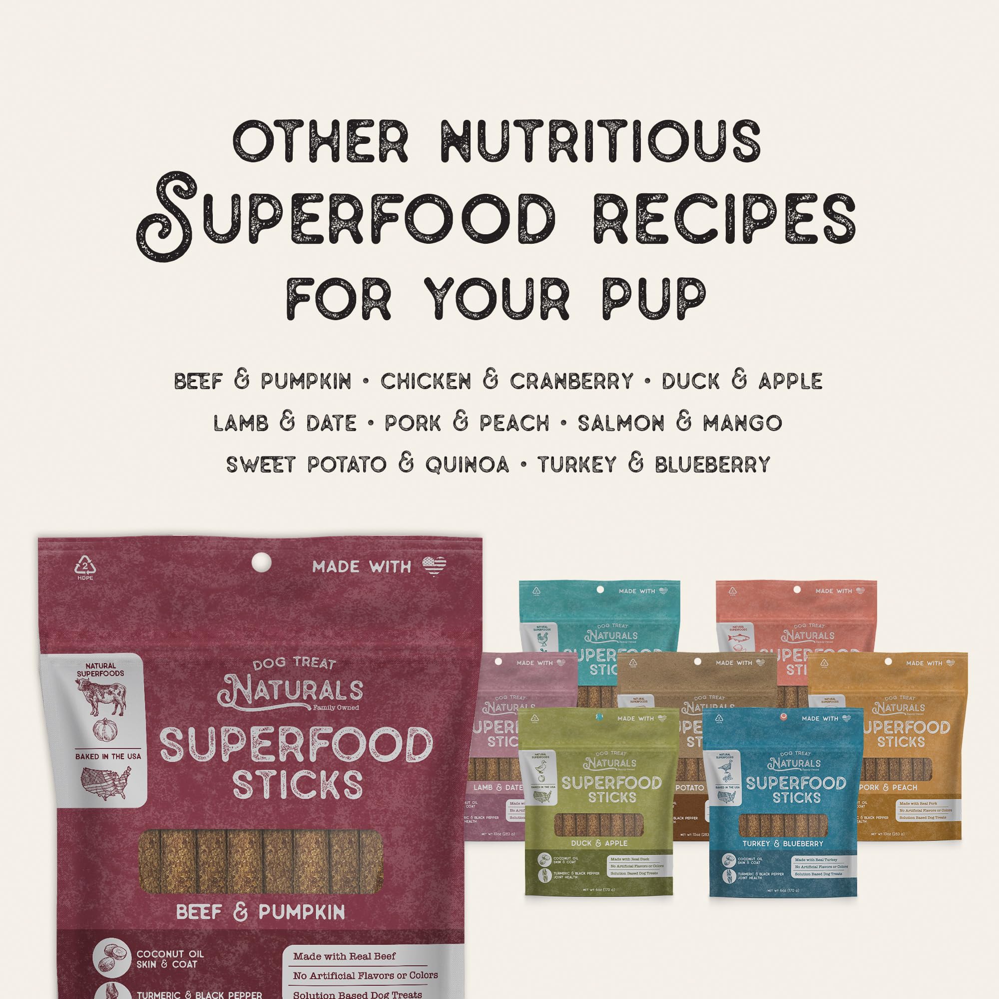 Dog Treat Naturals Superfood Sticks: fabriqué aux États-Unis et emballage recyclable
