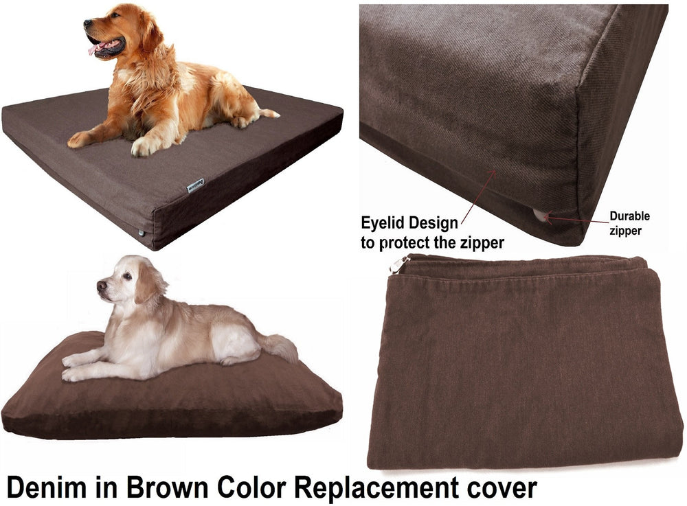 Housse Dogbed4less denim chocolat, disponible en six tailles pour divers lits.