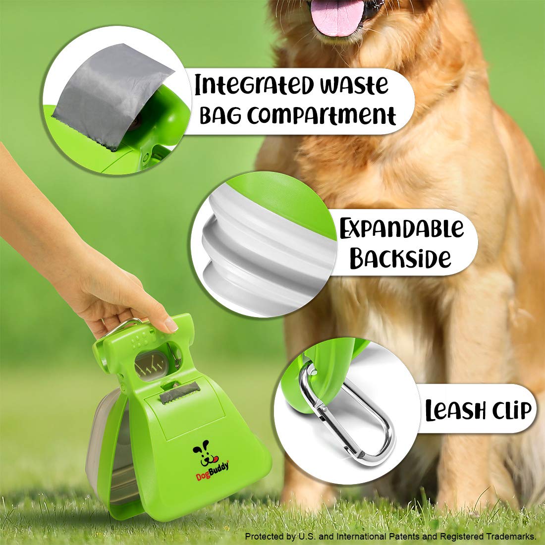 DogBuddy Pooper Scooper avec attache-laisse pratique pendant les sorties.