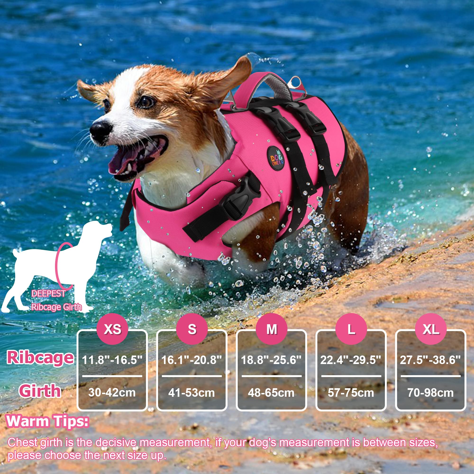 Dogcheer gilet sauvetage chien neoprène rose vue dos avec harnais confortable et ajustable