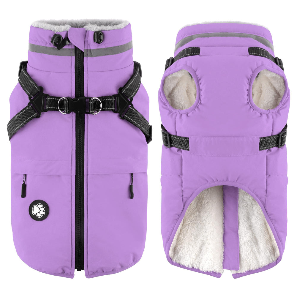 Dogcheer manteau chien avec harnais intégré, imperméable et violet taro, pour sorties hivernales.