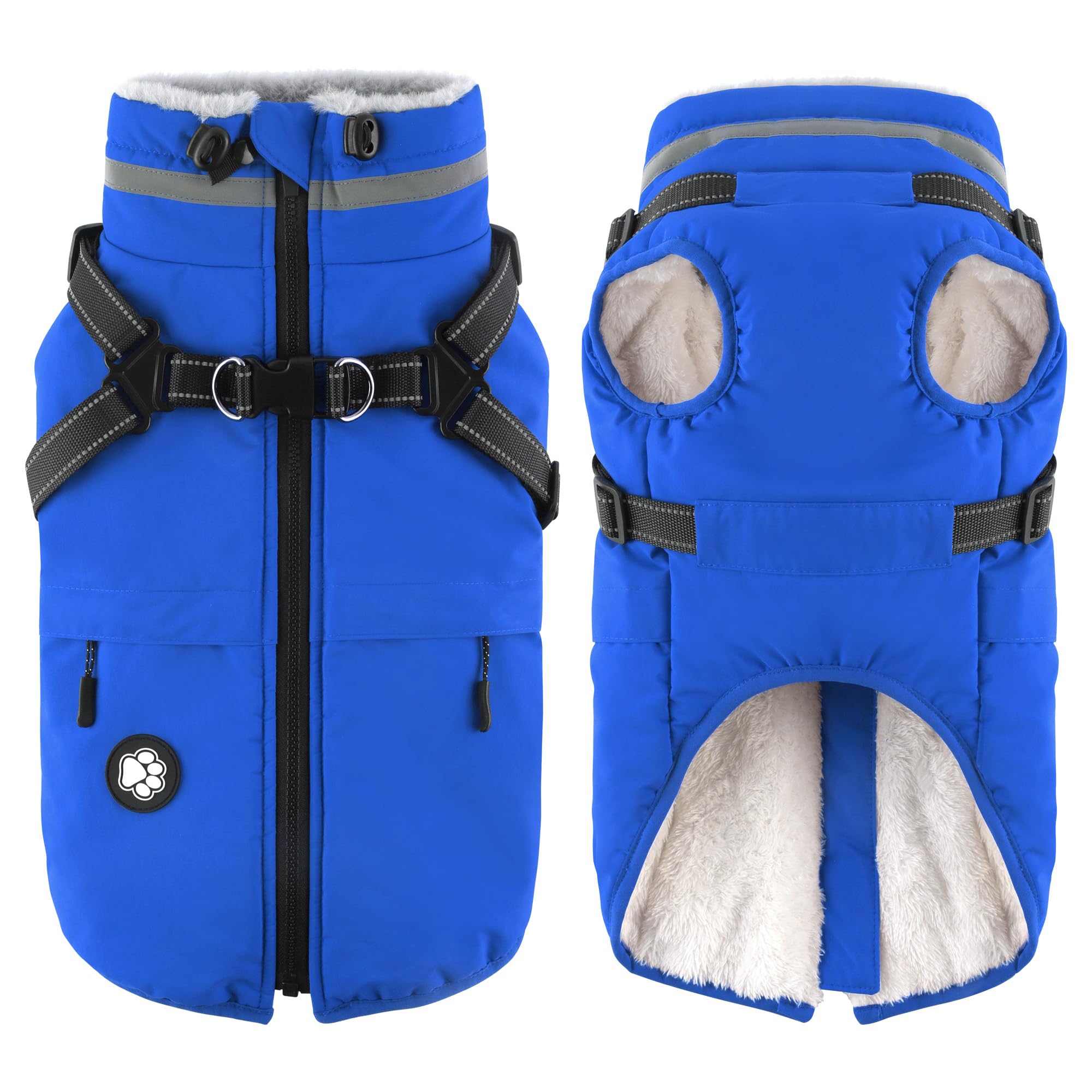 Dogcheer manteau impermeable avec harnais intégré bleu XL, prêt pour promenades hivernales.