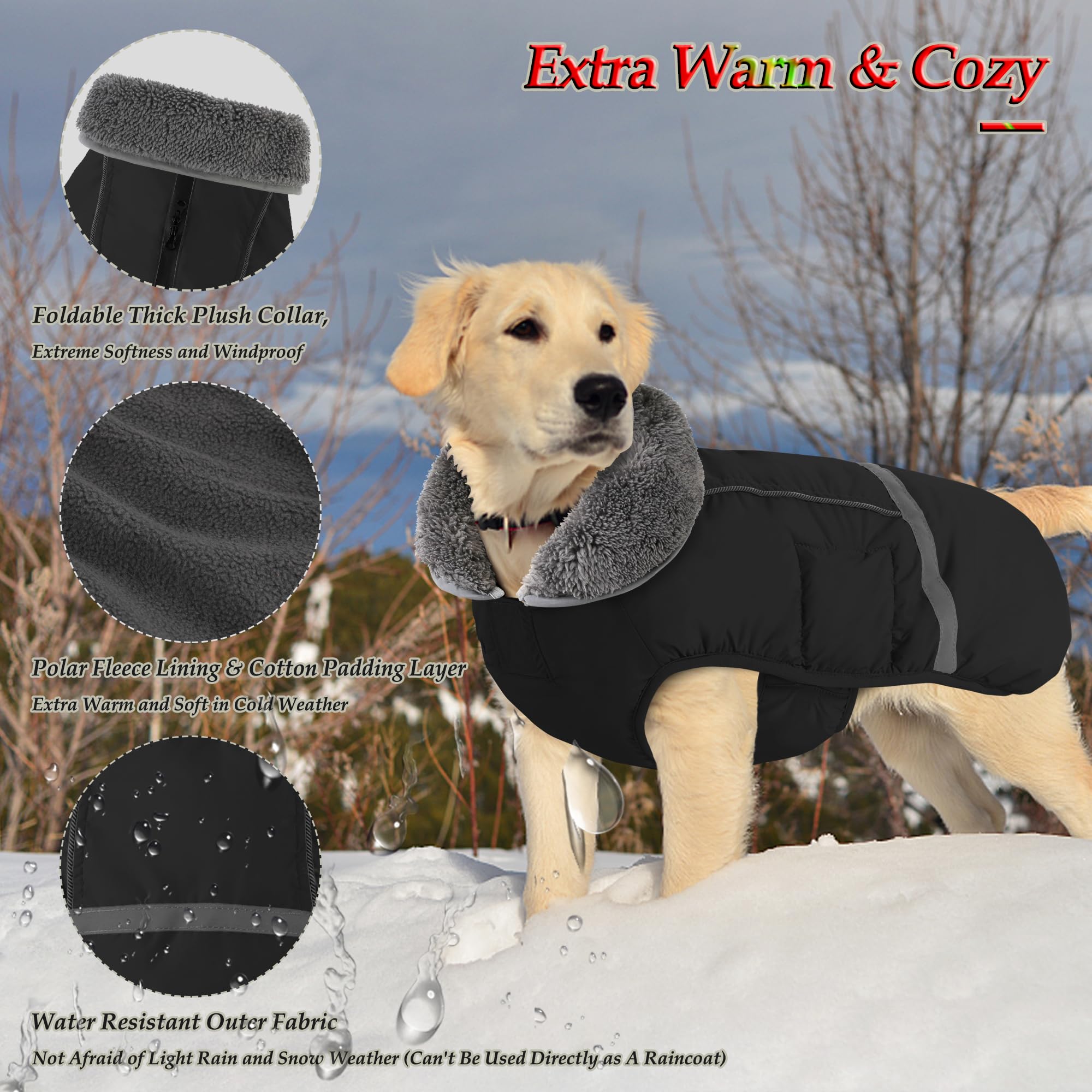 Dogcheer manteau chien imperméable noir, boucle dos et harnais faciles à attacher
