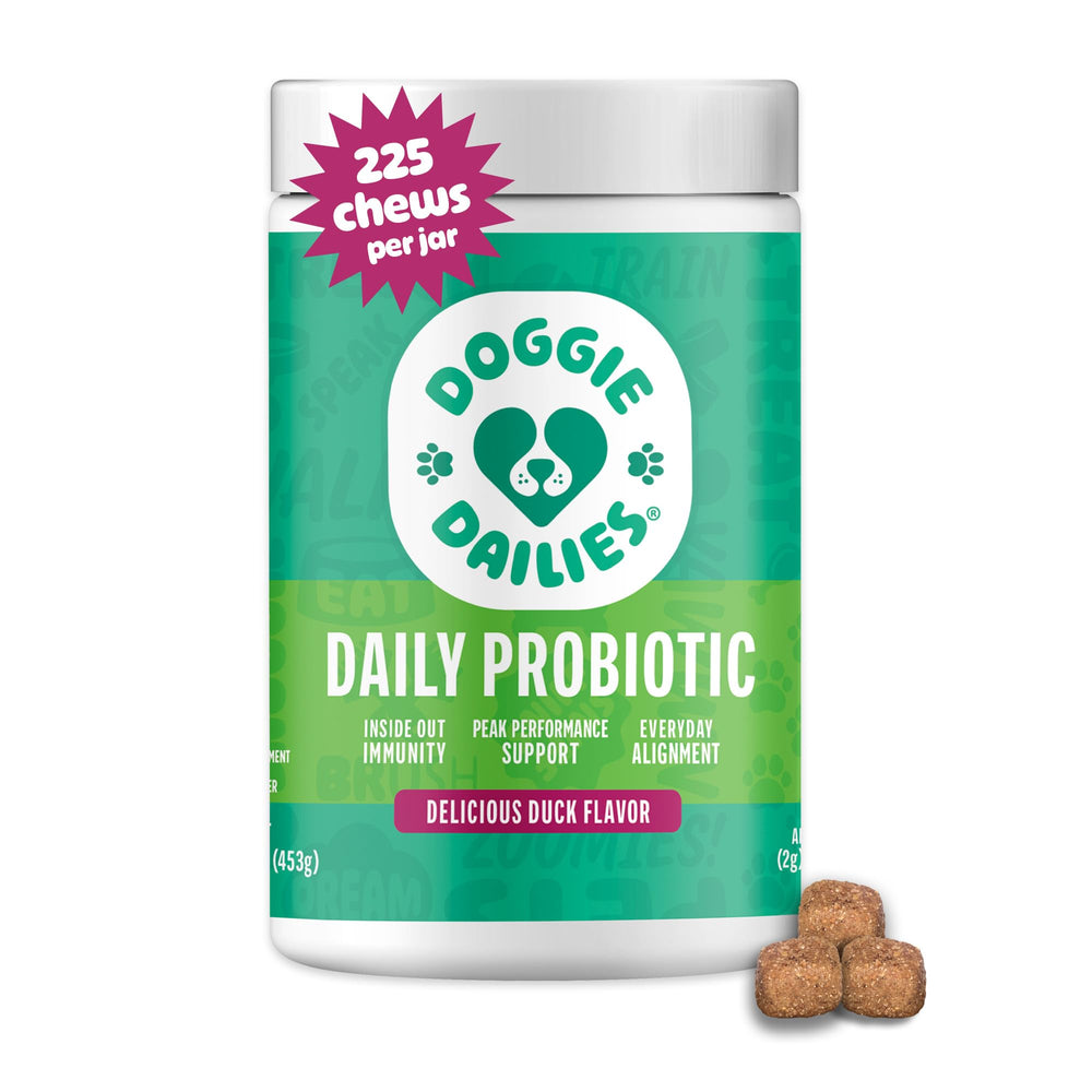 Doggie Dailies Probiotiques emballage canard, idéal pour découvrir une routine digestive.