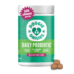Doggie Dailies Probiotiques emballage canard, idéal pour découvrir une routine digestive.