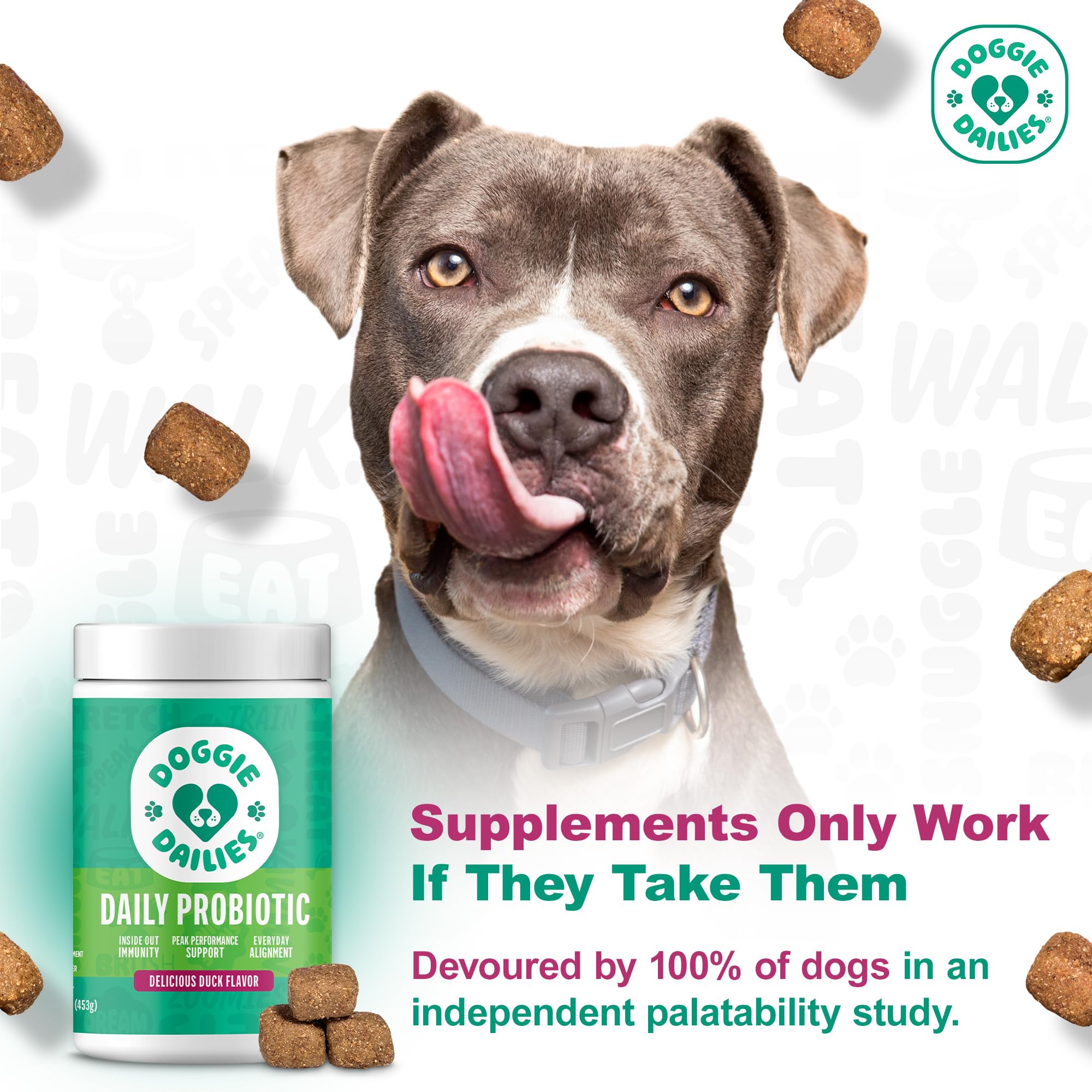 Doggie Dailies Probiotiques friandises canard, goût apprécié et soutien digestif potentiel.