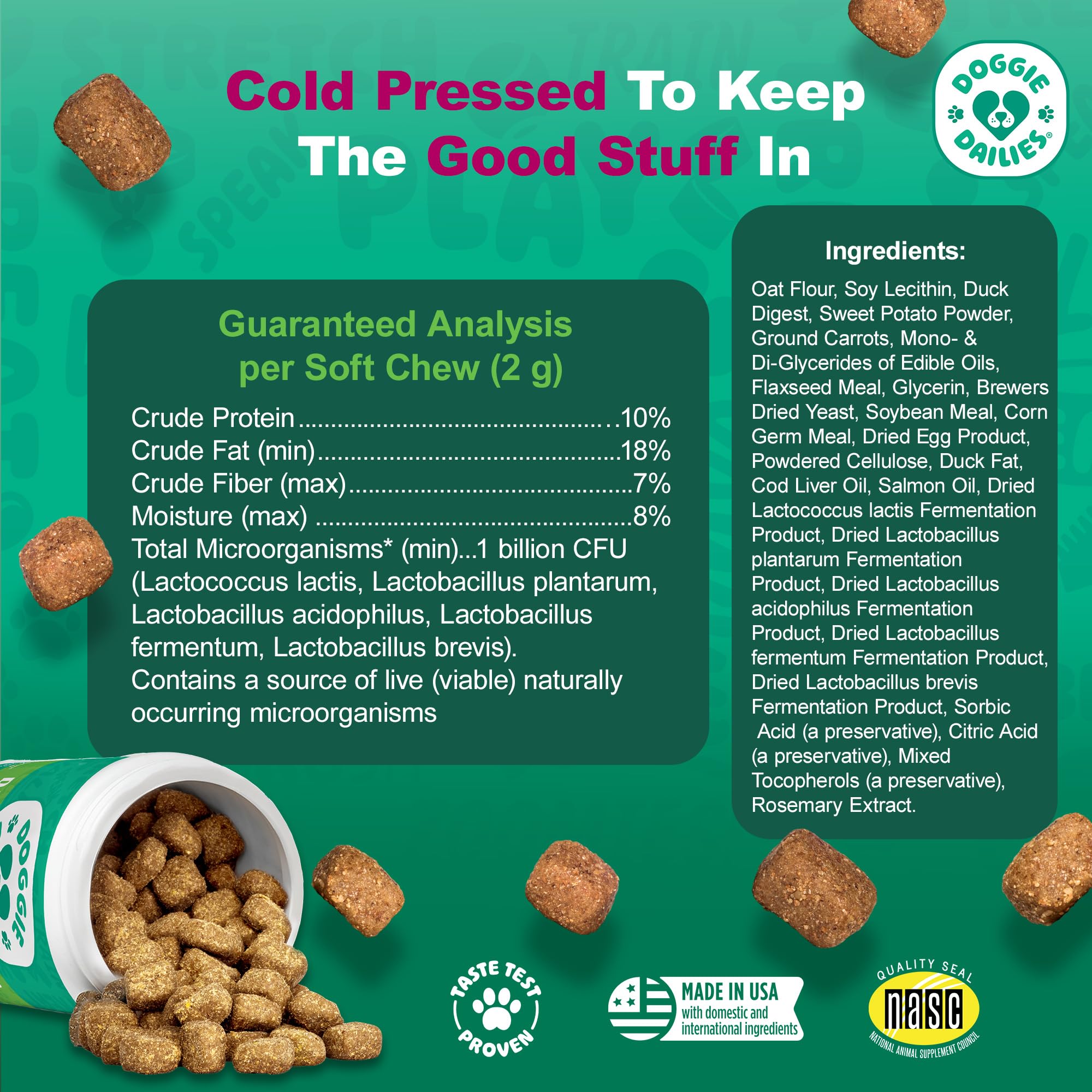 Doggie Dailies Probiotiques friandises douces canard, texture agréable pour chiens.