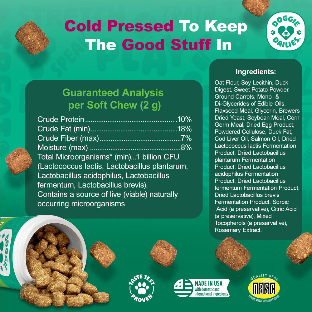 Doggie Dailies Probiotiques friandises douces canard, texture agréable pour chiens.