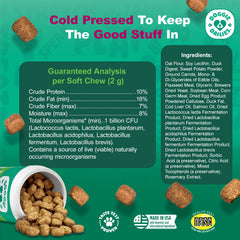 Doggie Dailies Probiotiques friandises douces canard, texture agréable pour chiens.