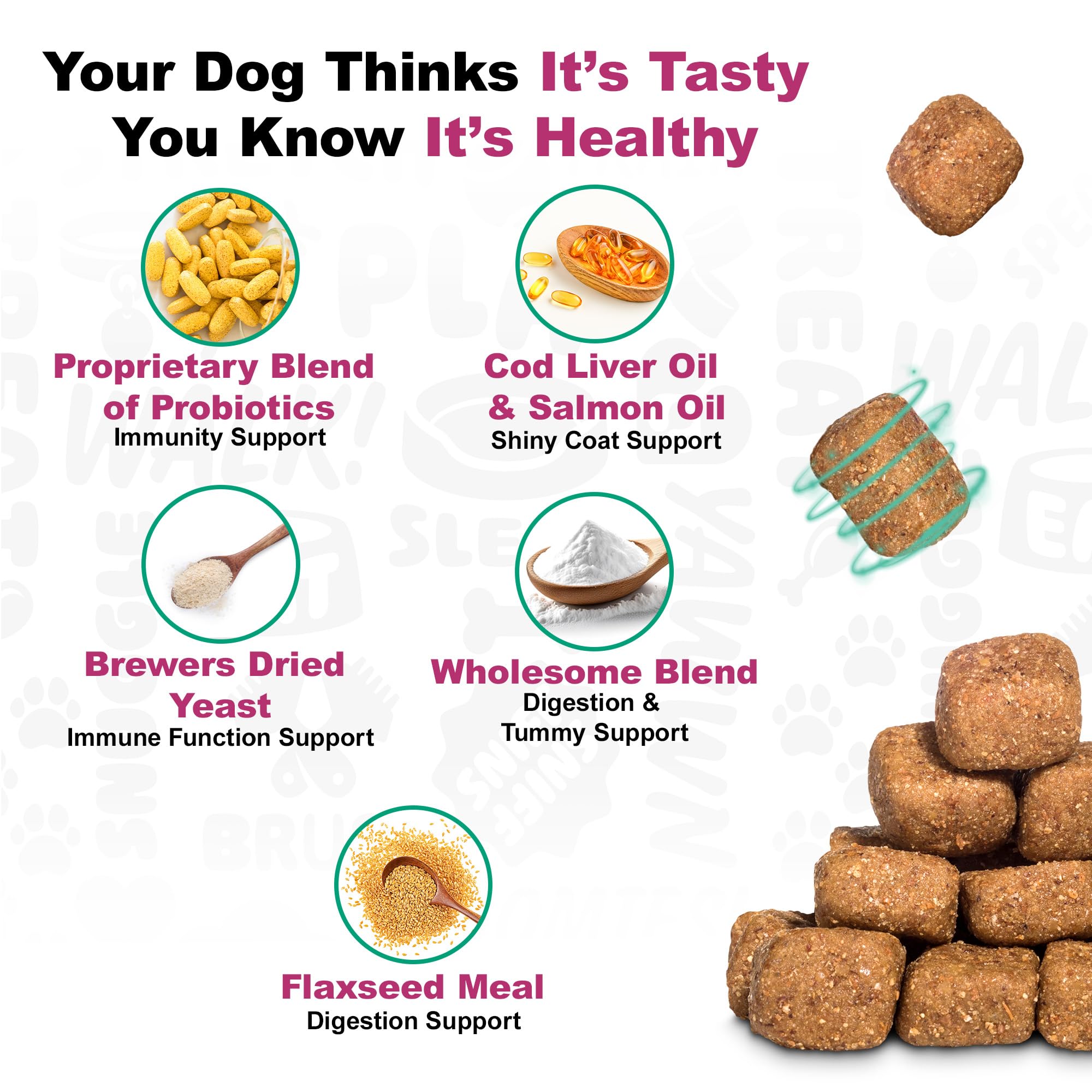 Doggie Dailies Probiotiques prébiotiques inclus, nourrissent les probiotiques pour une digestion équilibrée.