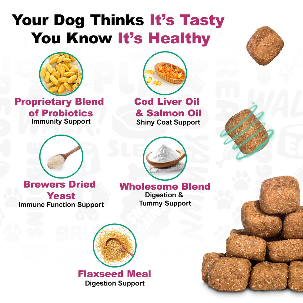 Doggie Dailies Probiotiques prébiotiques inclus, nourrissent les probiotiques pour une digestion équilibrée.