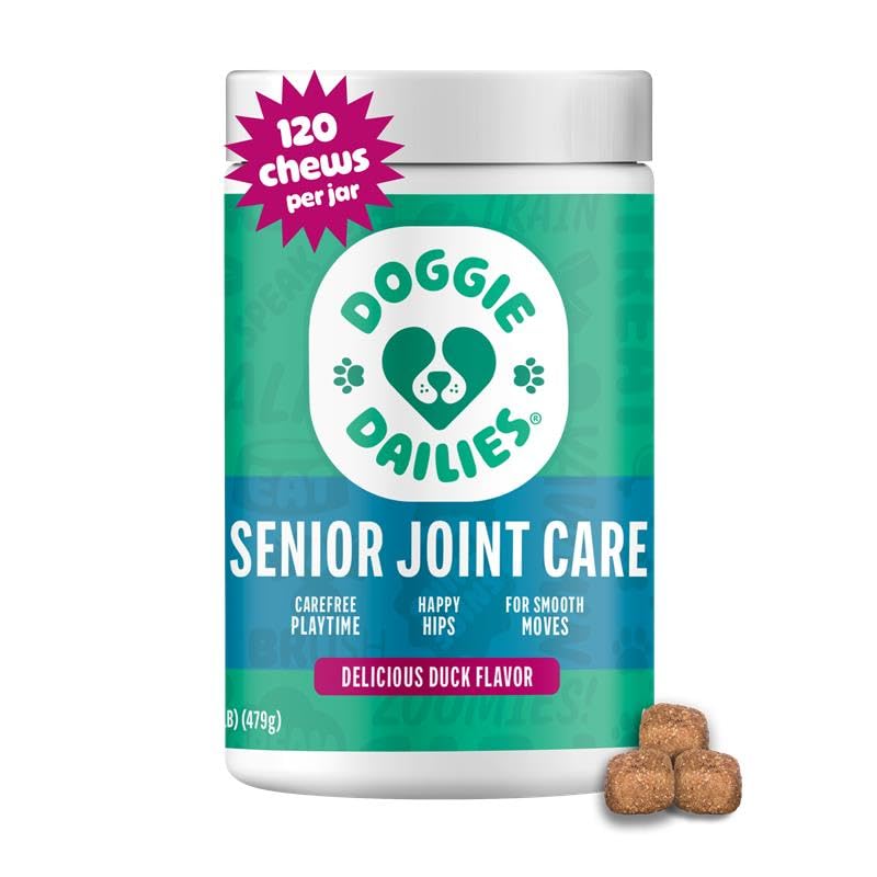 Doggie Dailies senior-chews-hanches: bouchées pour soutenir la mobilité quotidienne.