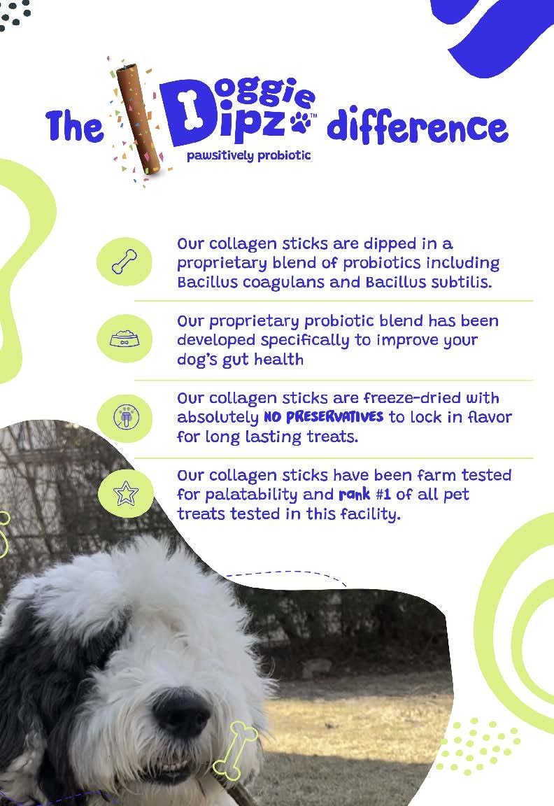 Chien mâchant un bâtonnet Doggie Dipz au collagène, expérience naturelle et durable.