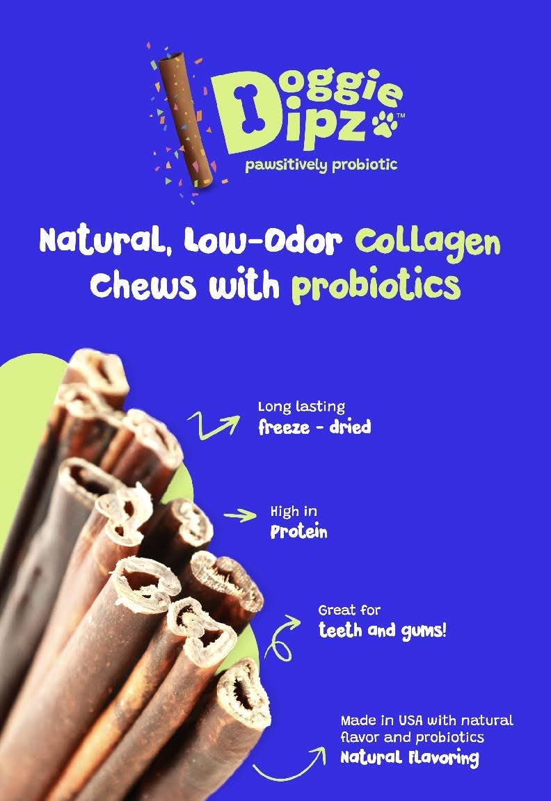 Étiquette Doggie Dipz-Probiotiques, informations claires et sécurité.
