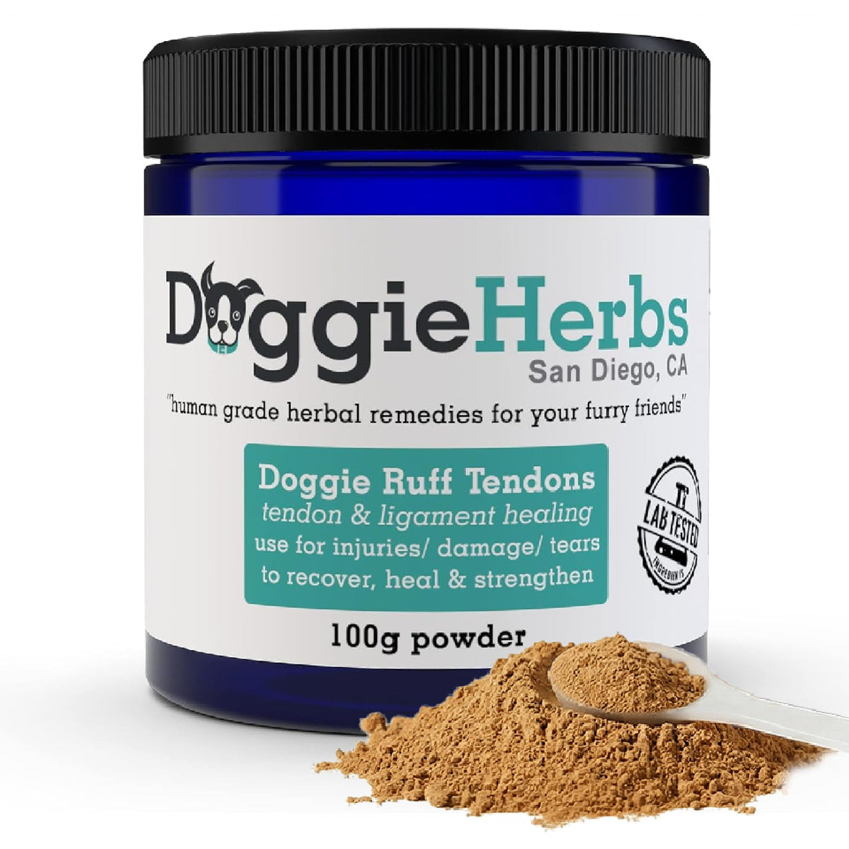 Doggie Herbs – bouteille poudre Teasel, Drynaria et Eucommia, présentation du packaging.