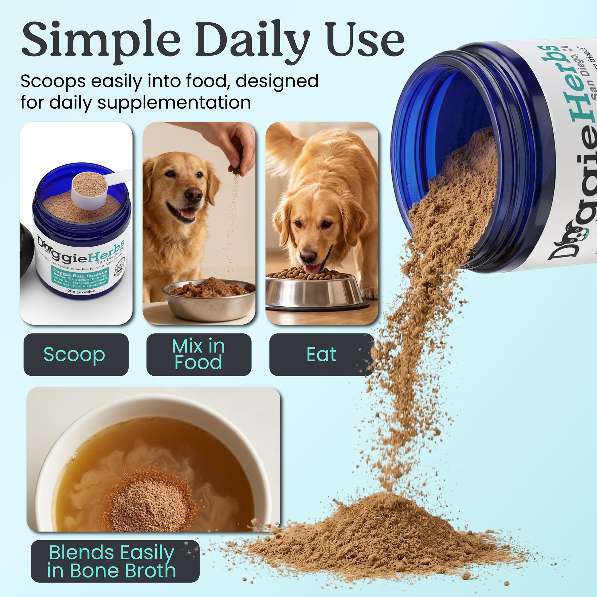Doggie Herbs – ingrédients naturels TCM visibles pour le soutien des ligaments.