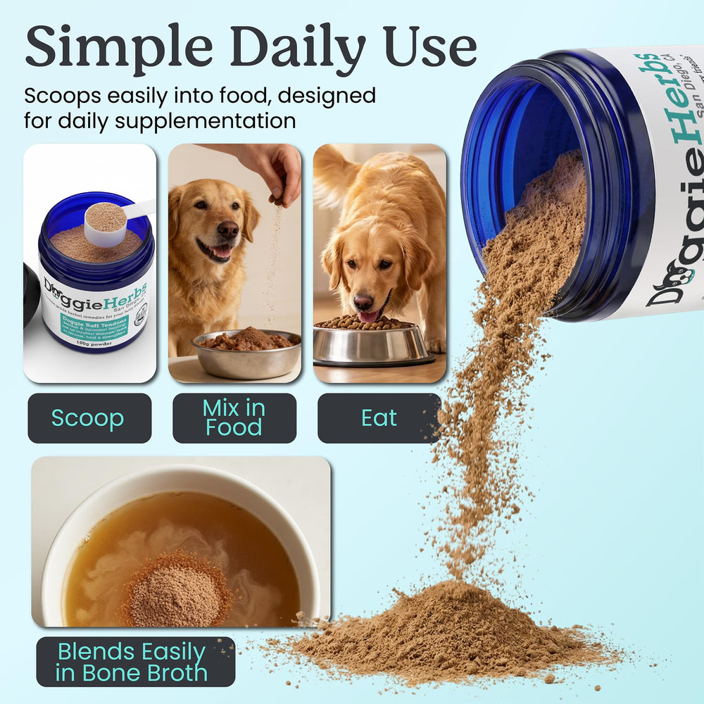 Doggie Herbs – ingrédients naturels TCM visibles pour le soutien des ligaments.