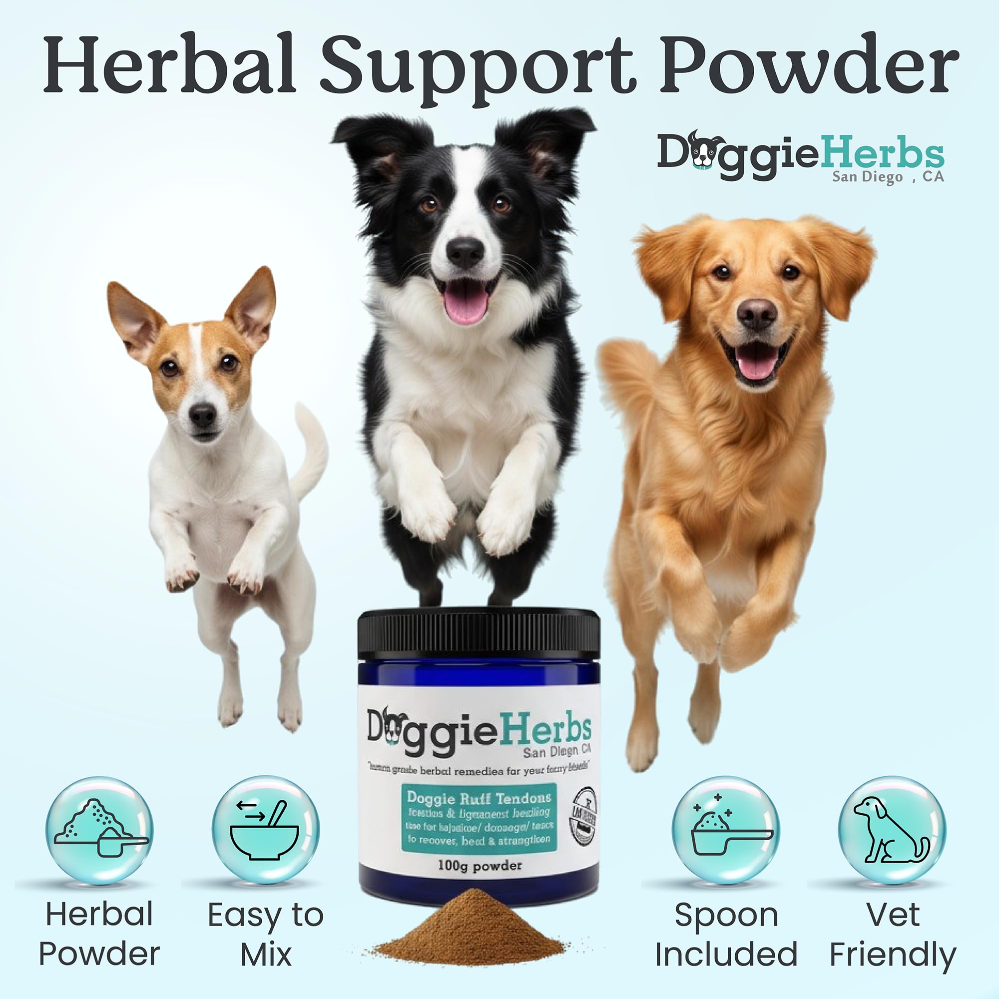 Doggie Herbs – poudre prête à être mélangée dans la nourriture pour le soutien des tissus.