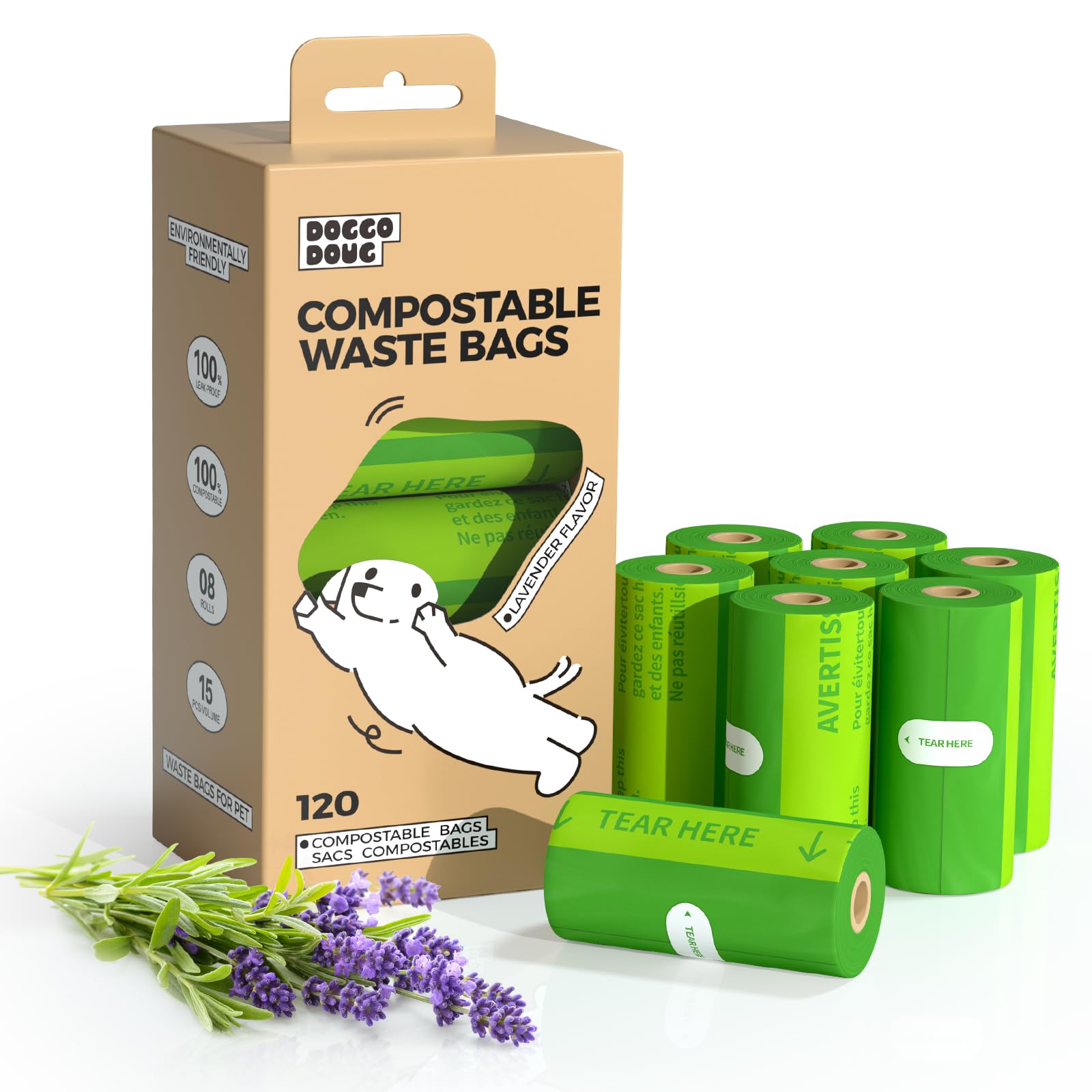 DOGGO DOUG sac compostable lavande; rouleaux faciles à transporter et respectueux de l’environnement.