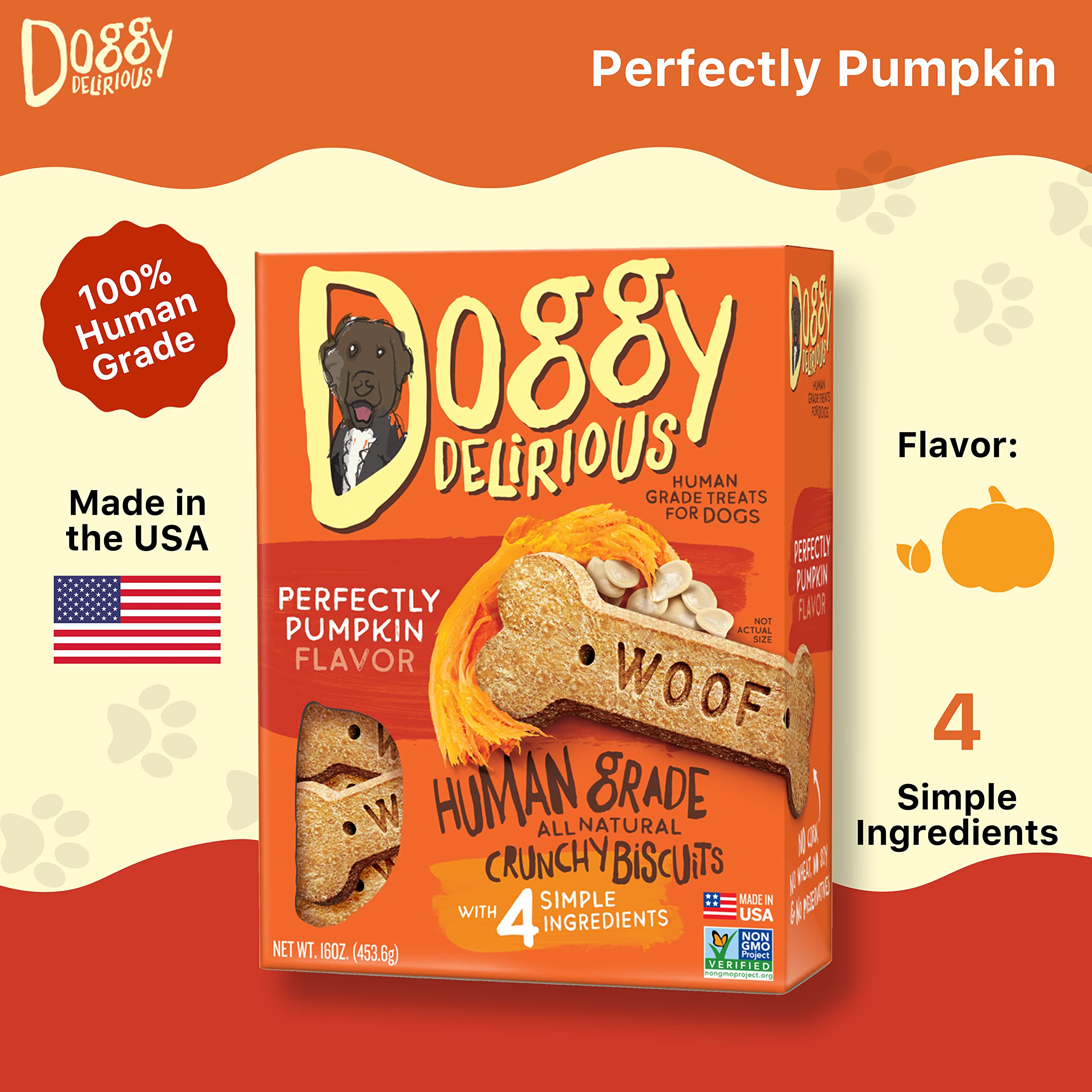 Doggy Delirious friandises crunch sans céréales, saveur beurre de cacahuète, idéal pour tout chien.