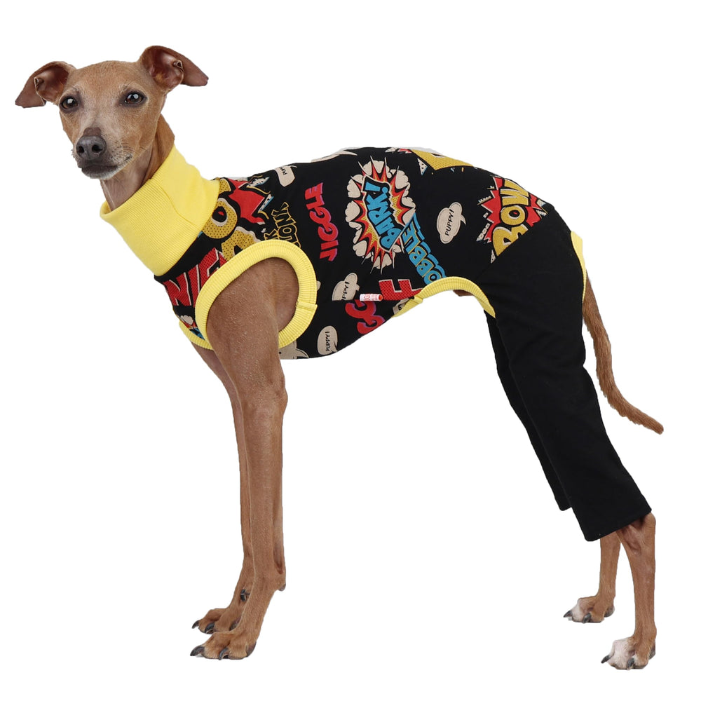 Doggystar onesie noir sans manches avec noeud, confort immédiat pour iggy