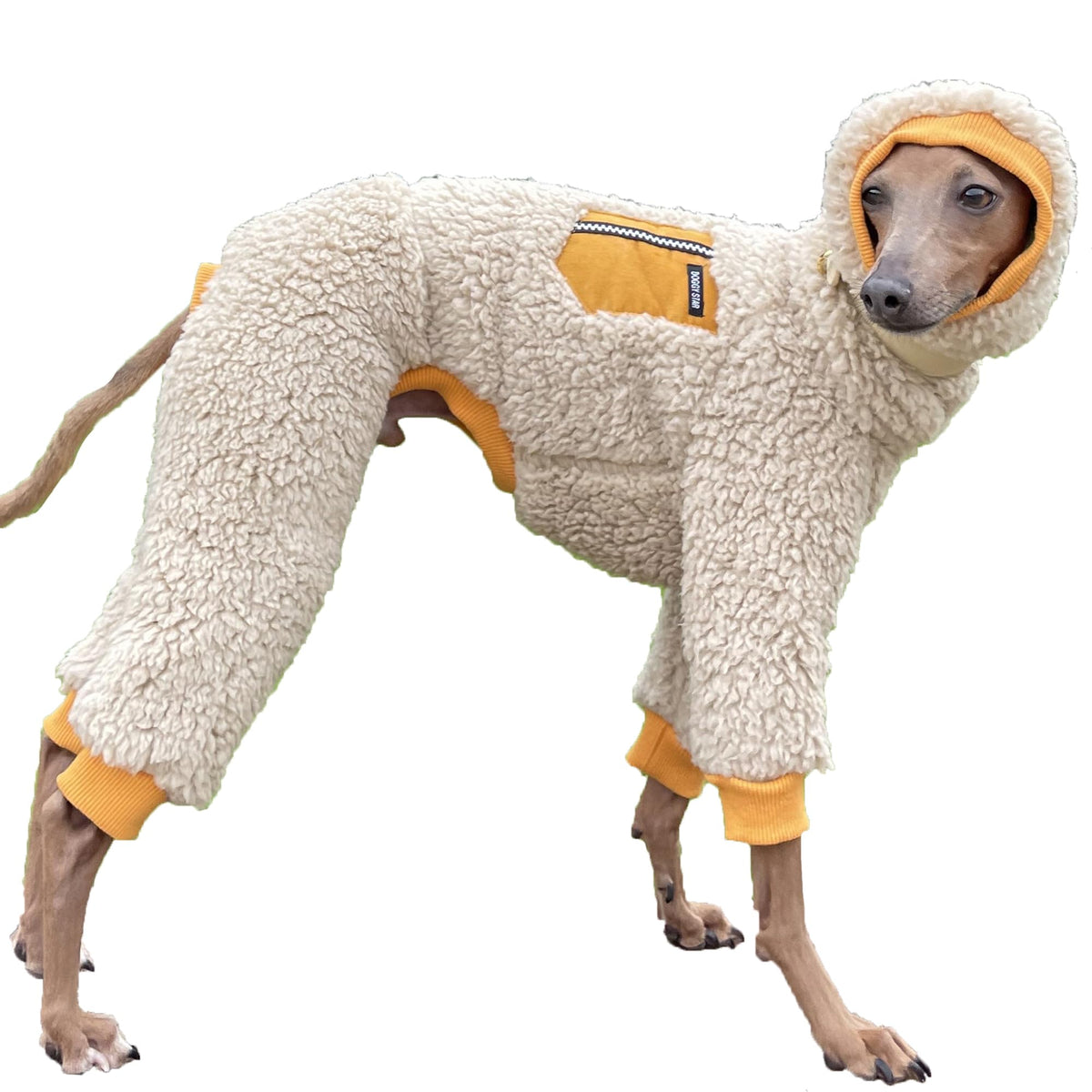 Doggystar pull pour chien lévrier italien - vue faciale, couleur moutarde, confort chaleureux.
