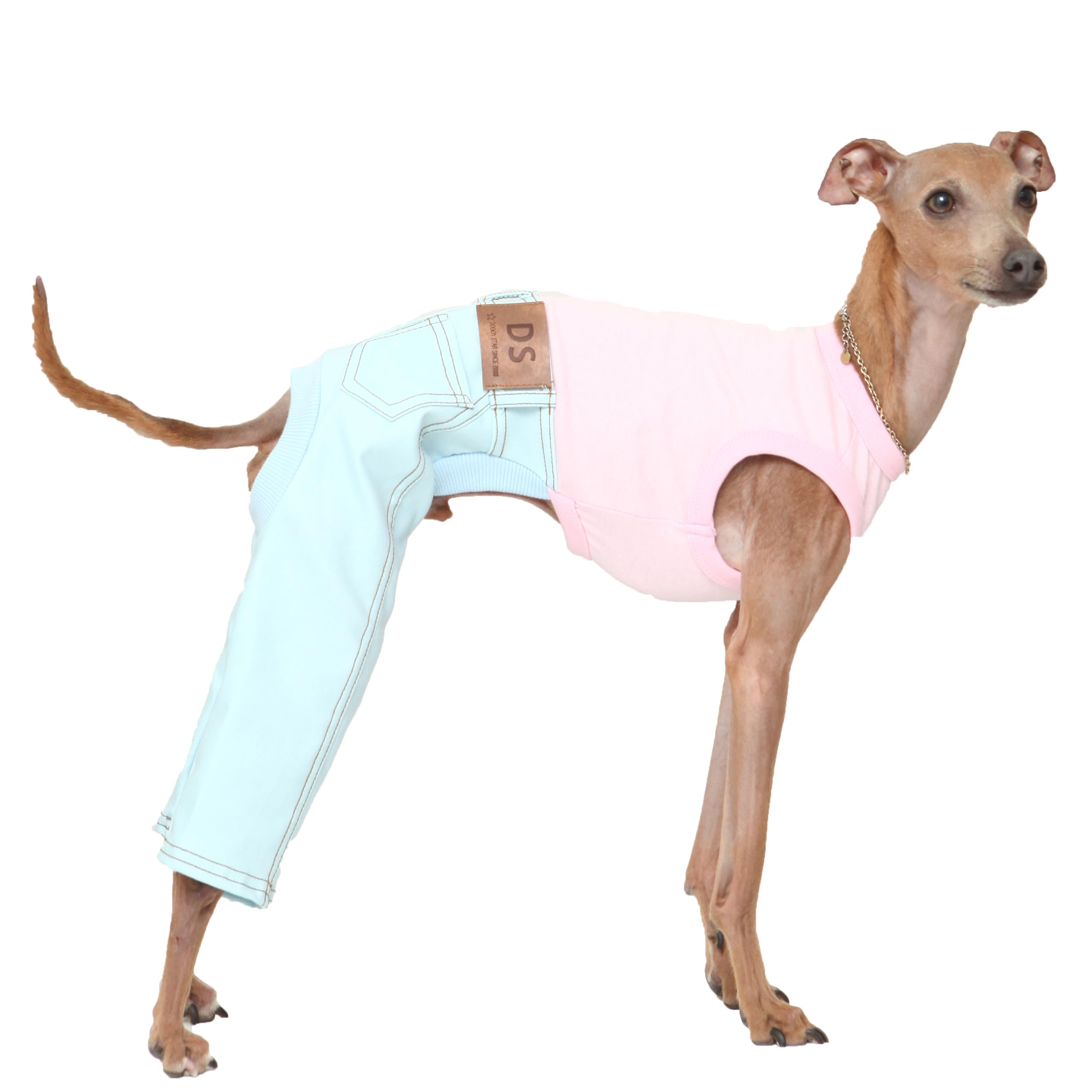 doggystar vetement chien jeans sans manches bleu ciel pour levrier, facile à enfiler