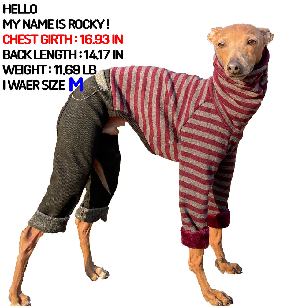 Doggystar whippet denim bordeaux col roulé onesie, coupe adaptée et facile à enfiler.