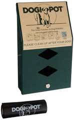Distributeur DOGIPOT Junior en aluminium vert forêt, accès verrouillable pour sacs-poubelle.