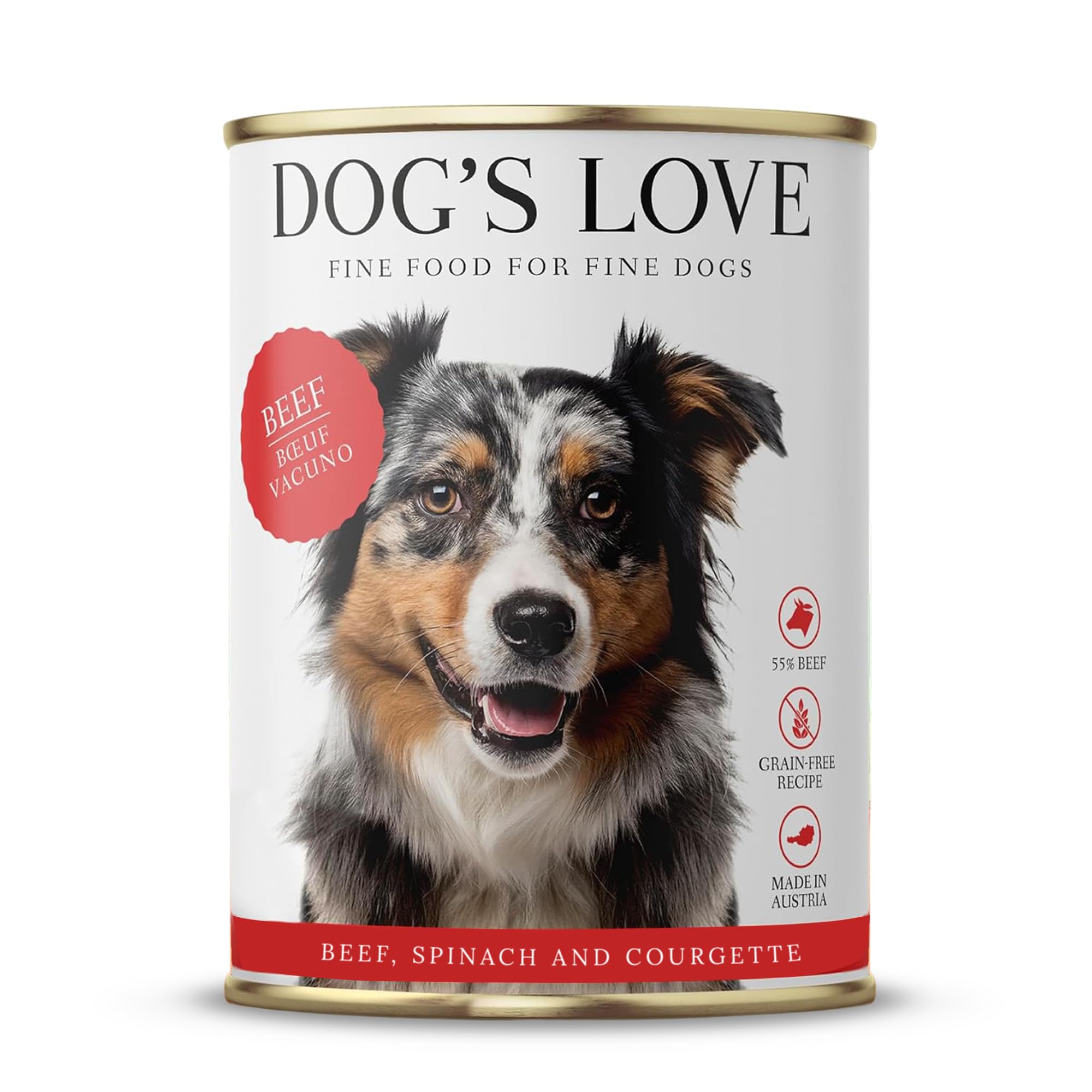 Nourriture DOG'S LOVE au bœuf en conserve, emballage visible, repas simple et équilibré
