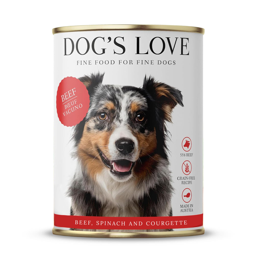 Nourriture DOG'S LOVE au bœuf en conserve, emballage visible, repas simple et équilibré