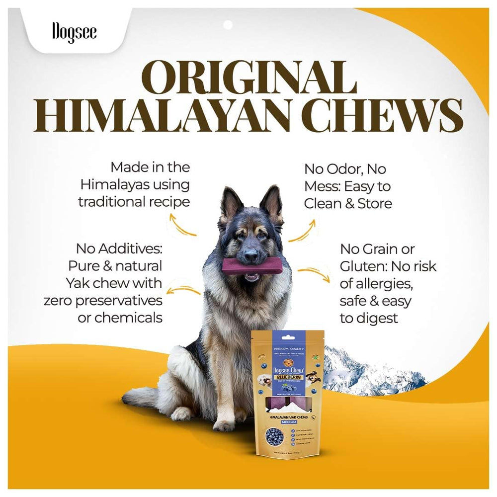 Dogsee friandises dentaires Yak myrtille – forme allongée facilitant une mastication continue.
