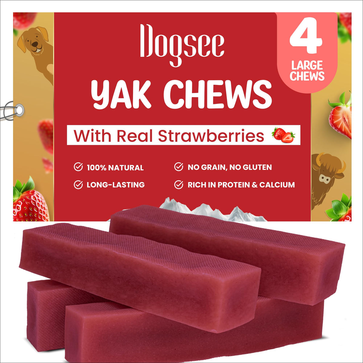Dogsee fromage yak fraise – barres grandes, récompense naturelle pour chien.