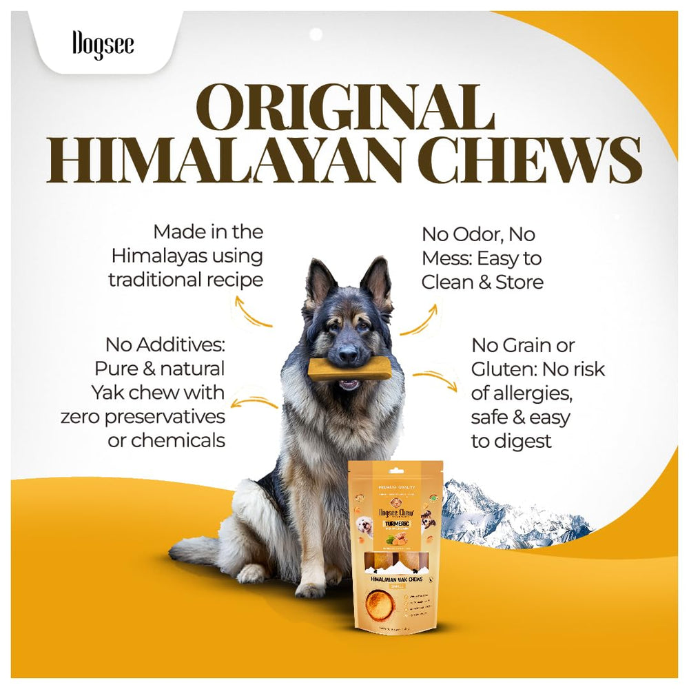Dogsee Himalayan Yak Chews au curcuma — gros plan sur la texture ferme.