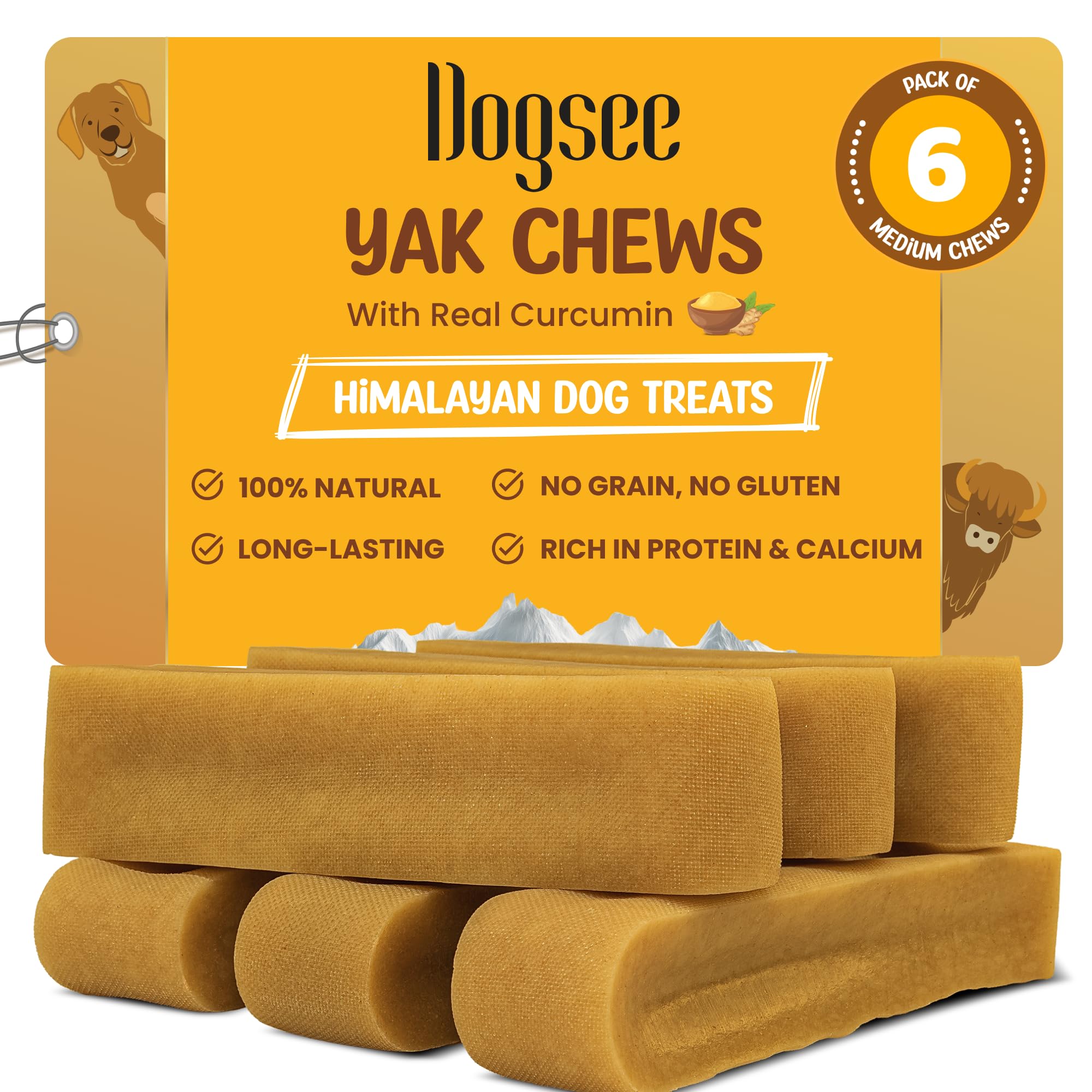 Dogsee Himalayan Yak Chews au curcuma — emballage visible, longue durée pour chiens actifs.