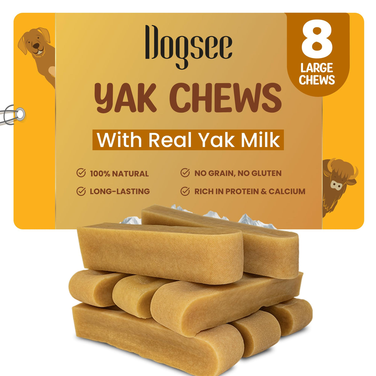 Dogsee Original Yak Chews vue avant du produit, texture durable pour la mastication.