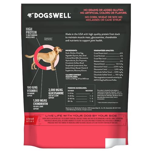 DOGSWELL premier ingrédient canard et texture tendre pour chiens âgés.